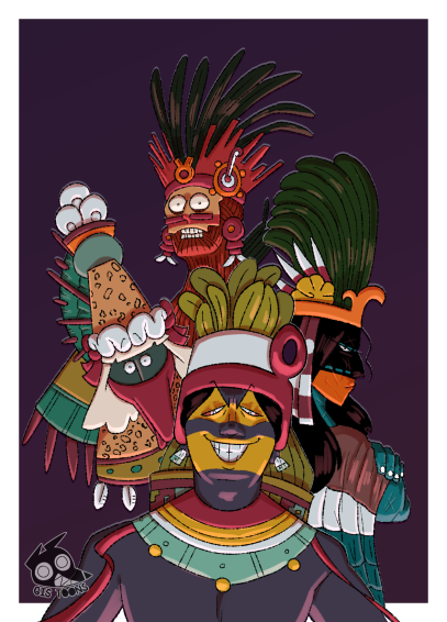 Four gods stand watching the viewer: Quetzalcoatl (left), Tezcatlipoca (center bottom), Huitzilopochtli (right) and Xipe Totec (center top).