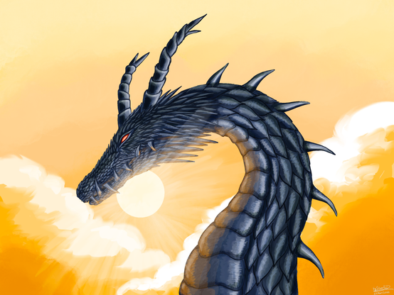 Digital drawing of a dragon, only its head and neck visible. Its head and neck are covered in sharp, dark blue scales; it has two blue horns pointing backward, and its eye is orange-red. In the background, you can see the evening sky with clouds on either side and the sun shining just below the dragon's chin.