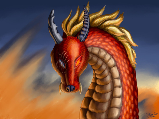 Digital drawing of a dragon (head and neck only) looking directly at the camera. Its body is covered in red scales. Its chest is covered in light brown plates. The right eye is orange, while the left eye is bluish and has four scars. It has one blue horn and another pale blue horn that appears to have been shaved. It has a golden mane. Its nose is dark blue, and it has a pair of visible fangs. An orange light comes from the bottom left. The sky is dark blue, and some orange clouds that look like fire can be seen in the background.