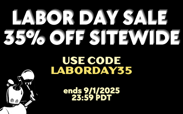 Black background promotional banner. Large white bold text at the top reads: “LABOR DAY SALE 35% OFF SITEWIDE.” Below, smaller yellow text reads: “USE CODE LABORDAY35.” Further down in white text: “ends 9/1/2025 23:59 PDT.” In the bottom left corner, there is the classic No Starch Press coffee robot. 