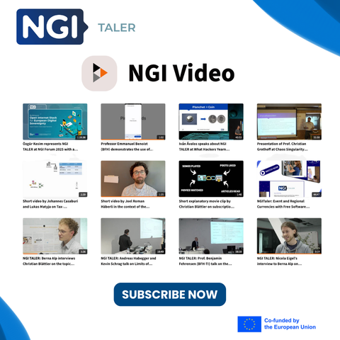 Promotional graphic for NGI Taler’s PeerTube channel titled “NGI Video.” At the top left is the NGI Taler logo. Below, there are thumbnail previews of twelve different videos featuring speakers, presentations, and short clips related to GNU Taler, digital payments, free software, and related topics. At the bottom center, a blue button reads “Subscribe Now.” In the lower right corner, the European Union flag appears with the text “Co-funded by the European Union.”