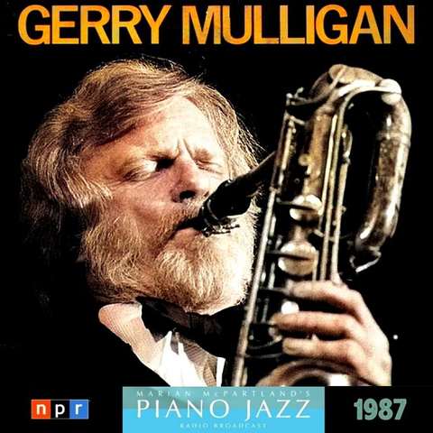 A picture of Gerry Mulligan playing bari sax promoting the NPR show Marian McPartland's Piano Jazz.