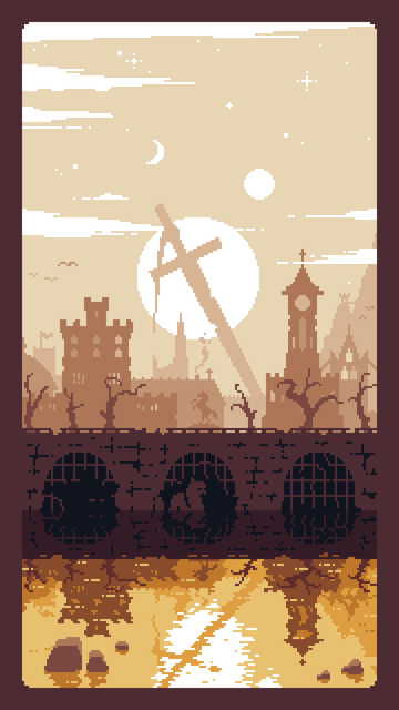 medieval landscape pixel art, town in front, huge sword in the background, 2 suns and a crescent moon in the sky. the whole scene is reflected in the water. a few monsters lurking in the water