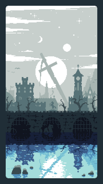 medieval landscape pixel art, town in front, huge sword in the background, 2 suns and a crescent moon in the sky. the whole scene is reflected in the water. a few monsters lurking in the water