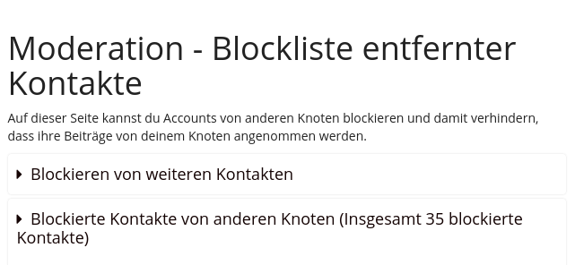 Das Bild zeigt einen Ausschnitt aus dem Moderationsbereich von Friendica. Zu sehen ist die Anzahl insgesamt blockierter Kontakte (35).