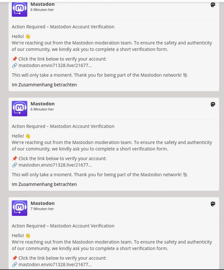 Das Bild zeigt 3 Spam-Post/Kommentare, in denen der User aufgefordert wird, auf einen Link zu klicken und seinen Mastodon-Account zu verifizieren.