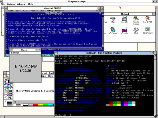 A screenshot of a Windows 3.11 session. On the session there is a blue window with Qbasic showing the gorillas.bas source code. There is also a clock, mspaint, and the focal point is a window labeled "SSH2WIN - SSH Client For Windows".

The SSH client is showing "neofetch" on a Fedora 42 system.