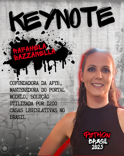 Fundo de parede grafitada.
Keynote escrito em fonte que simula tinta
Rafahela Bazzanella em vermelho sobre um spray preto.
"Cofundadora da APyB, mantenedora do portal modelo, solução utilizada por 1200 casas legislativas no Brasil" escrito em tipografia que simula máquina de escrever do lado esquerdo.
Foto de uma mulher branca de longos cabelos castanhos usando brincos de argola e maquiagem.