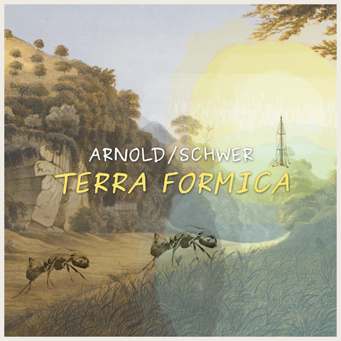 Album cover showing two ants walking across a landscape towards a mountain. On top of the mountain there is a large antenna. The title says "Arnold/Schwer Terra Formica". 