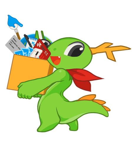 Konqi with a big smile carrying a lot of things in a box, from a left-side profile perspective.

The box has a GPU, globe, paintbrush with blue paint, mail envelope from mail@kde.org addressed to a KDE user, black pen, notepad with a simplified KDE logo, KDE cards, pink KDE smartphone, green book, and DSLR camera lens.
