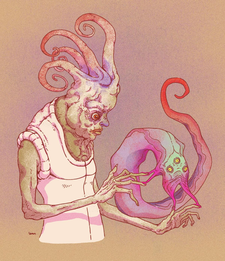 Illustrarion of an extraterrestrial humanoid with tentacles on their head, manipulating some kind of space slug pet