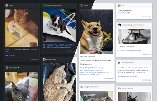 Screenshot of a Fediwall with lots of cute cats and dogs, demonstrating the dark and light theme side by side.