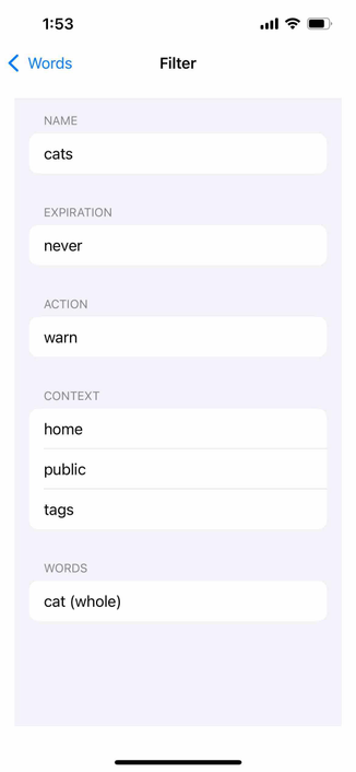 screenshot of a filter named cat and the wird cat as the filteted word