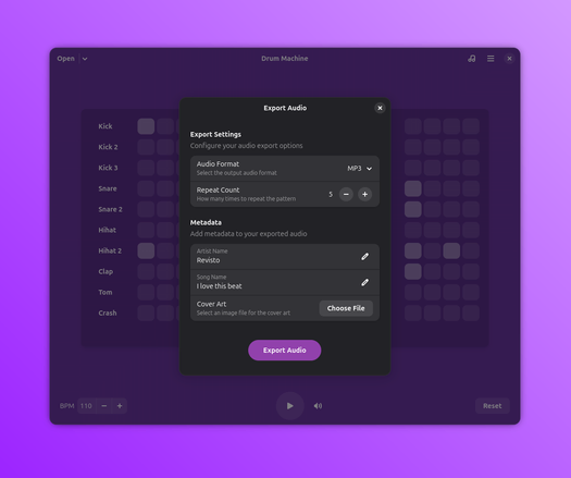 Audio export dialog showing MP3 format, repeat settings, and metadata fields for artist name, song title, and cover art.