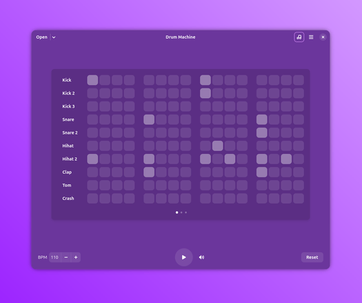 Drum pattern editor with drum tracks and 16-step grid. Active pattern visible with BPM and playback controls at bottom.