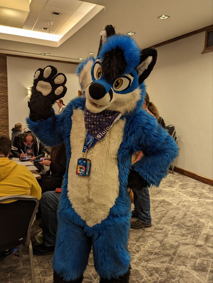 Blue fox fursuit, indoors in a hotel function room, standing and waving at camera