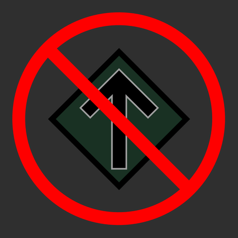 A black background features a dark green diamond with a black arrow inside. A red prohibition circle and line overlay the symbol, indicating disapproval.