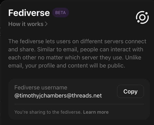 A description of the Fediverse is provided, explaining user connectivity across servers, along with a username for sharing within the network.