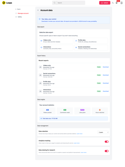 A screenshot of the Loops Account Data settings