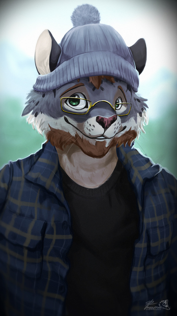 Portrait of a snow leopard character wearing flannel and a beanie.
