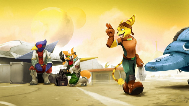 Illustration showing Falco, Fox and Ratchet at a Spaceport. Ratchet is greeting Fox while Falco is looking to the other side, slightly annoyed.