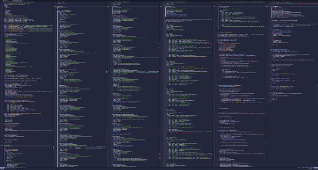 Screenshot of a neovim session. The screen is zoomed very far out and split vertically into six sections. Each section shows around 150 lines of code from the file.