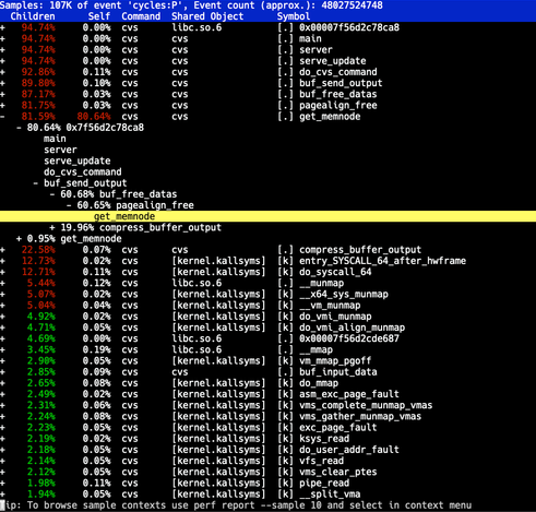 perf report revealing ton of CPU time spent in get_memnode() traversing a linked list.