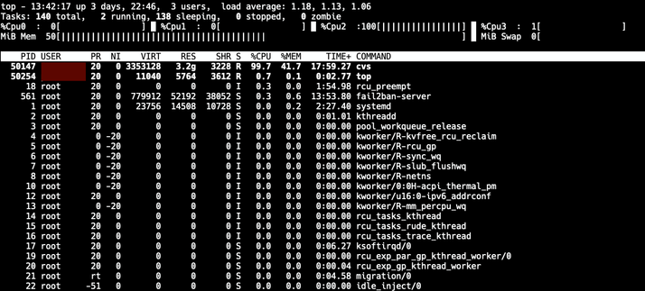 cvs process pegged to 100% CPU time.
