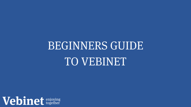 The image shows title "Beginners Guide to Vebinet" on blue background. In the left bottom corner there is Vebinet logo and text "enjoying together".