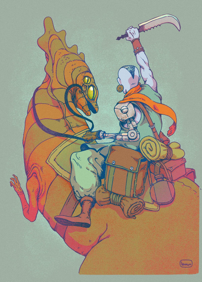 Illustration of a mercenary with a mechanical arm and a large knife riding a dinosaur.