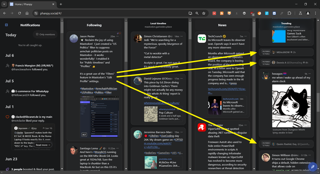 Mastodon "Filters" also work in the multi-column
views of the Phanpy Web client as shown here.