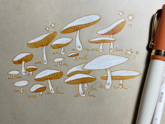 ink and colored pencil drawing of some cute little mushrooms with eyes