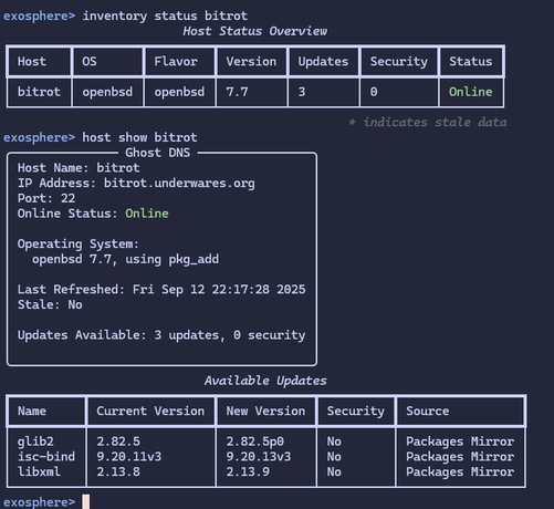 A screenshot of a terminal showing the output of `inventory status` in the exosphere CLI showing an OpenBSD 7.7 system with 3 updates.

The output of `host show` follows, giving the platform details as fully supported, and a table listing package updates with the standard Name, Current Version, New Version, Security and Source columns.

The tables are nice colored curses-like, rich widgets.