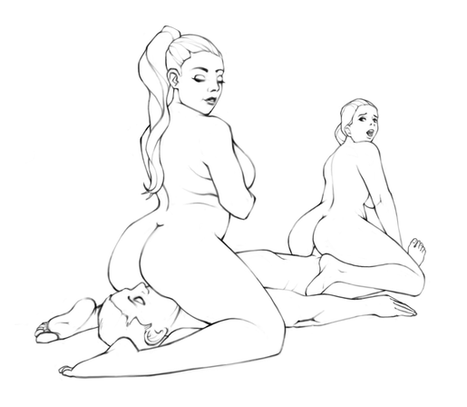 Line art drawing of three people having sex