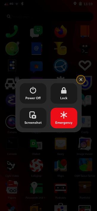 A screen recording from phone running phosh. The user long pressed the power button to activate the power button menu. Then selects "emergency calling" to get a dialpad. The red button labeled "Emergency Contacts" then moves them to the emergency numbers known on the device by querying the SIM, mobile-broadband-provider-database and call's built in numbers.