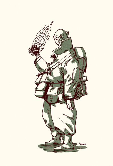 Drawing of an equipped soldier raising his fist on fire.
