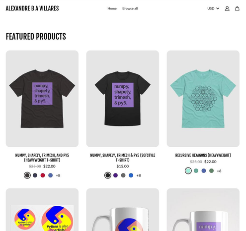 Screen capture from my Fourthwall shop page with t-shirts, stickers and mugs.
