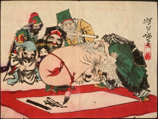 Woodblock print of the 7 Gods of Fortune. Fukurokuju is comically using his elongated head to write calligraphy.

Image thanks - https://ja.ukiyo-e.org/