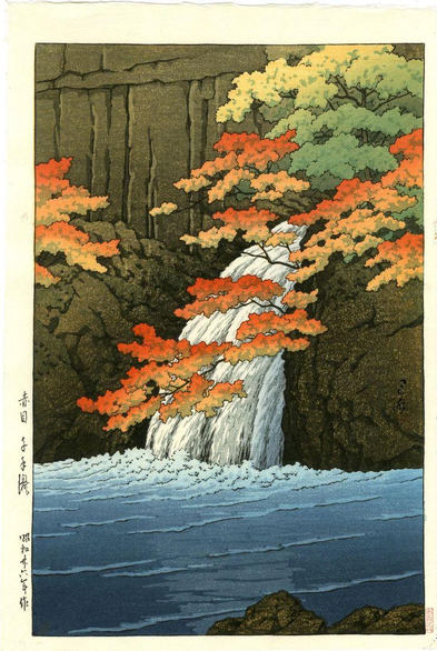 Woodblock print of a waterfall in autumn.

Image thanks - https://ja.ukiyo-e.org/