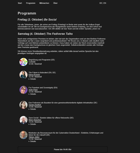 A screenshot of the FediDay schedule with a chronological listing.