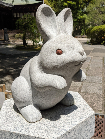 Rabbit statue at Okazaki-jinja. They are familiars of the enshrined god Susanoo and his wife, symbols of fertility and family protectors.