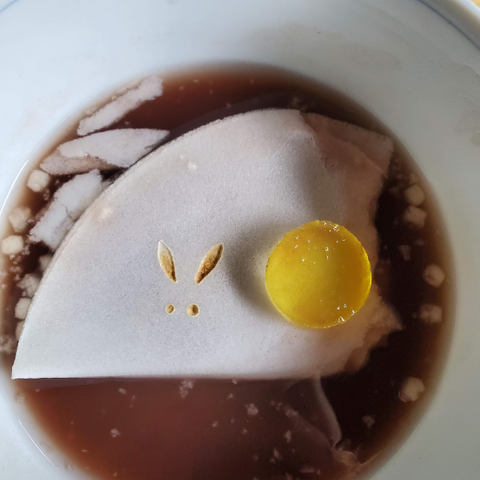 A Moon Rabbit themed oshiruko (お汁粉), a sweet bean soup. The wafer exterior is broken and hot water poured on to the powdered contents to create the soup.