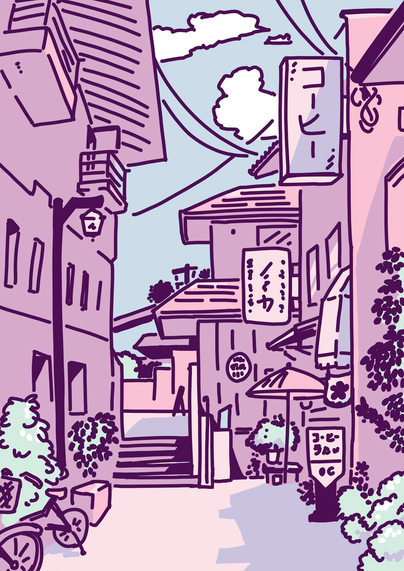 Artistic rendition of this exact street, with big brush strokes and pink shades