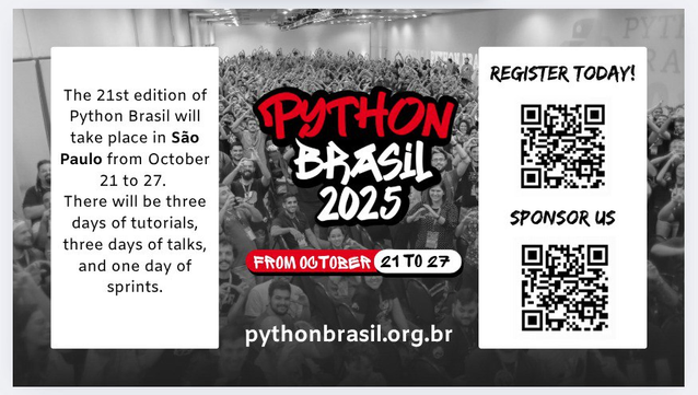Python Brasil banner with QR codes for registration and the sponsorship information.