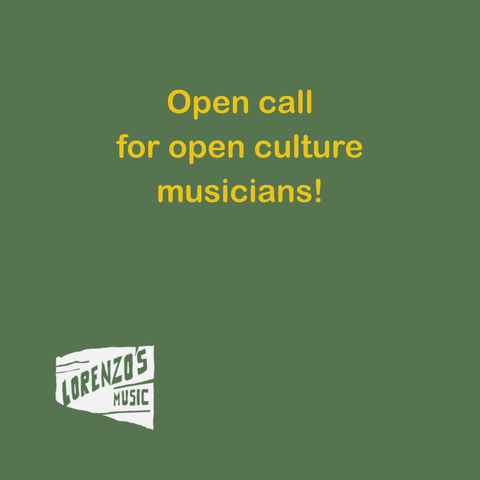 A blackbird with human arms dancing and holding a microphone. Text reads:

Open call for open culture musicians!

Also features a Lorenzo's Music logo.