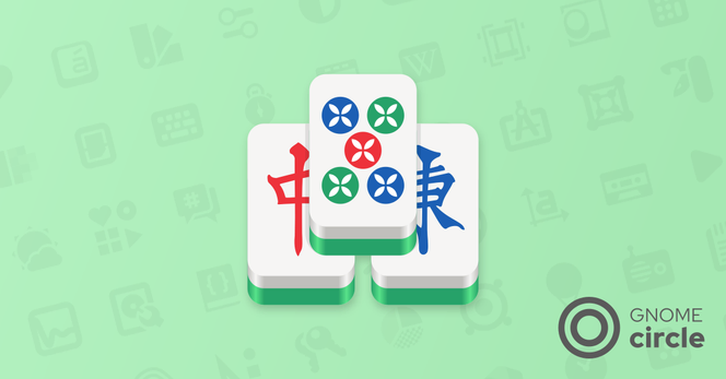 Sharepic with the Mahjongg app icon on green background and the GNOME Circle logo in the bottom right. The app icon consists of three Mahjongg tiles with different symbols on them, stacked in a pyramid shape.