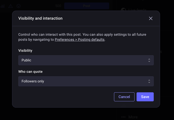 Screenshot of mastodons new visibility and interaction modal, with two dropdowns. One for visibility and one for quote options.