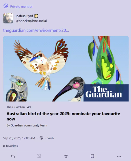 A screenshot showing a link from The Guardian on Mastodon with working Open Graph Image loading. The article is "Australian bird of the year 2025".