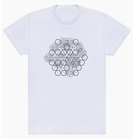 white T-shirt with abstract geometric pattern made of recursively placed unfilled black stroke hexagons and lines