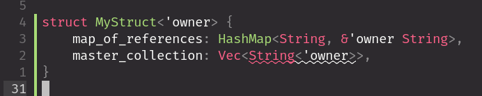 struct MyStruct<'owner> {
    map_of_references: HashMap<String, &'owner String>,
    master_collection: Vec<String<'owner>>,
}
